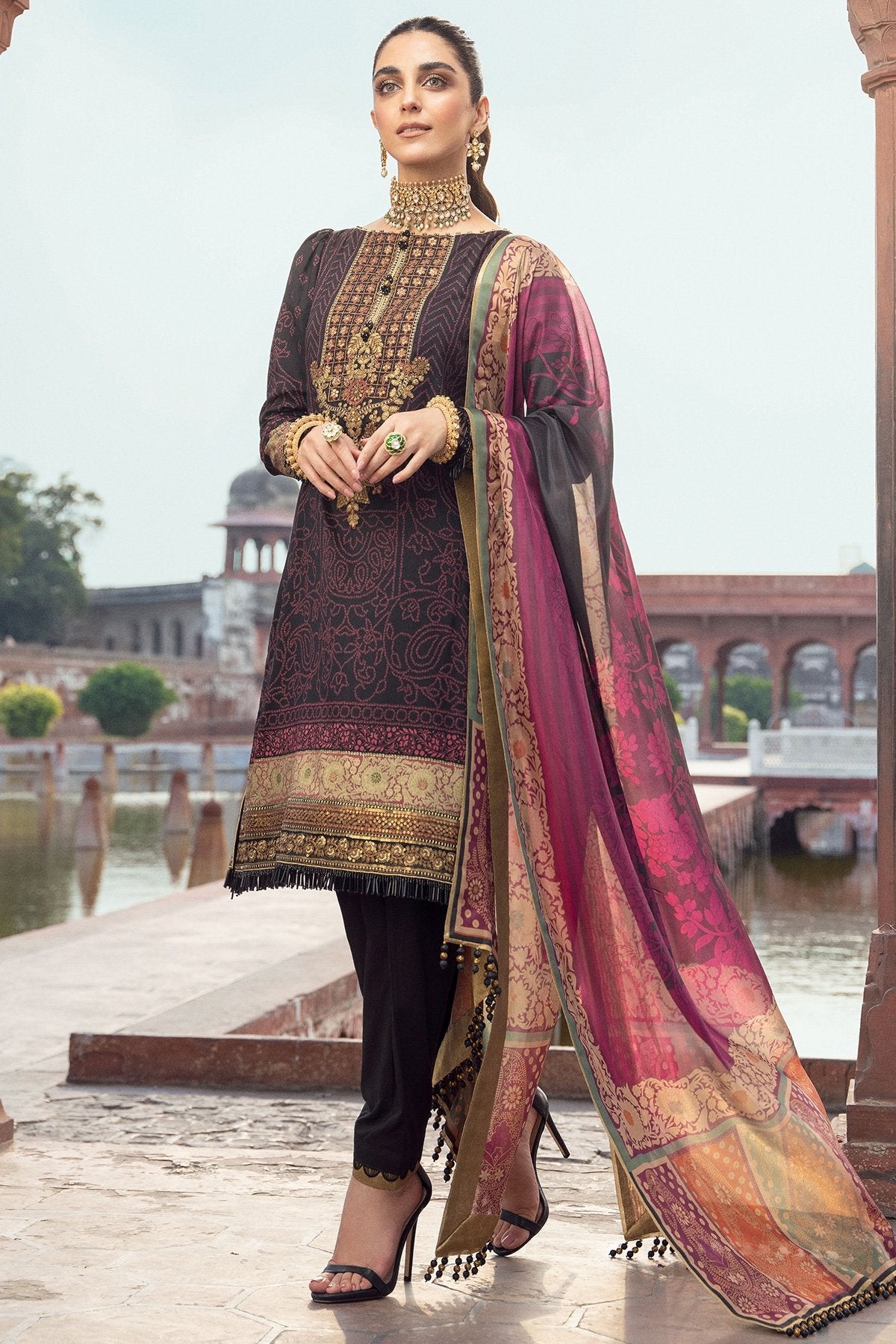 3 Pc Embroidered Cotton Silk Suit With Tissue Silk Dupatta
