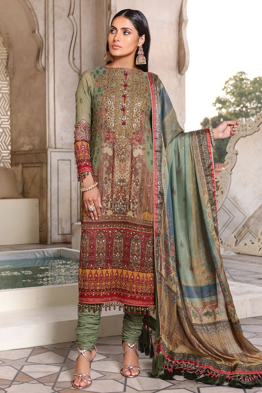 3 Pc Embroidered Cotton Net Suit With Silk Dupatta