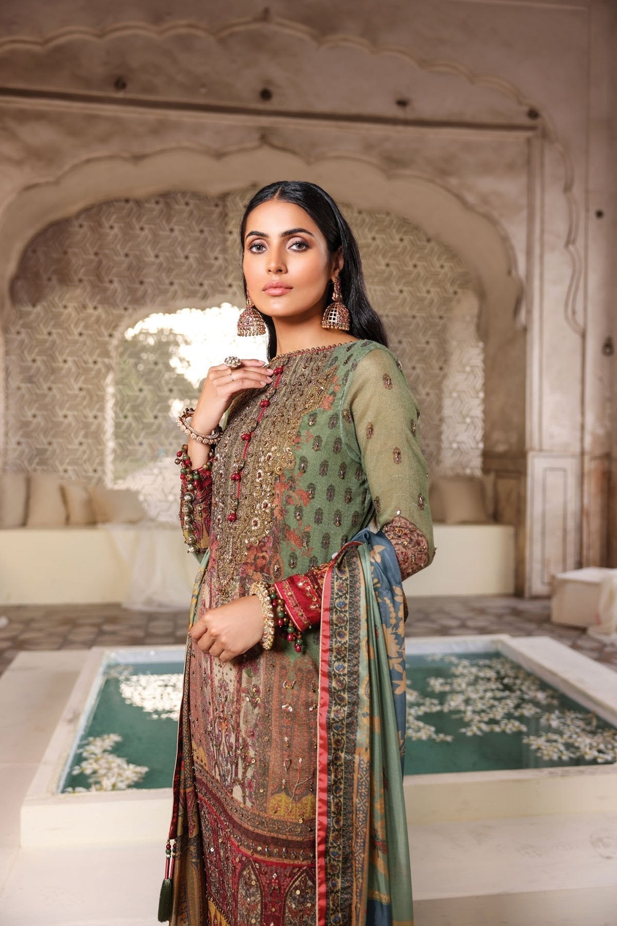 Alkaram - 3 Pc Embroidered Cotton Net Suit With Silk Dupatta