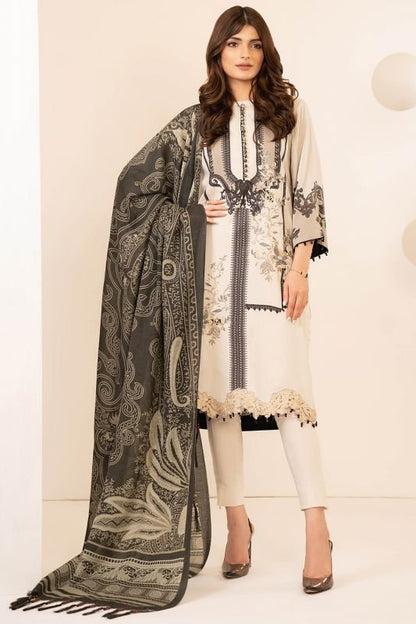 Three Piece Embroidered Twill Suit With Printed Shawl