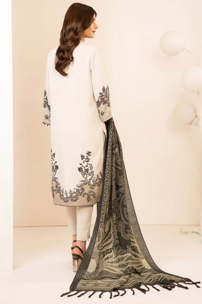 Three Piece Embroidered Twill Suit With Printed Shawl