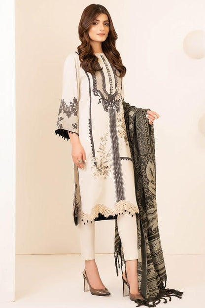 Three Piece Embroidered Twill Suit With Printed Shawl