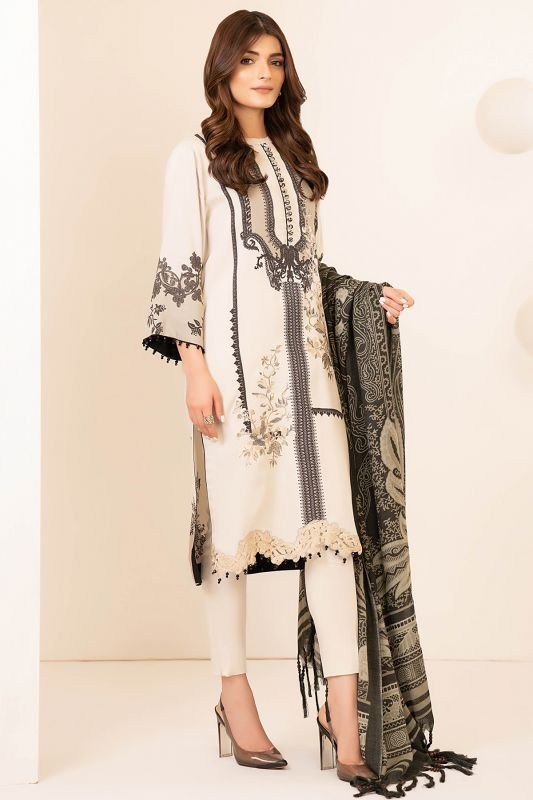 Three Piece Embroidered Twill Suit With Printed Shawl