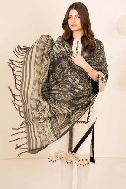 Three Piece Embroidered Twill Suit With Printed Shawl