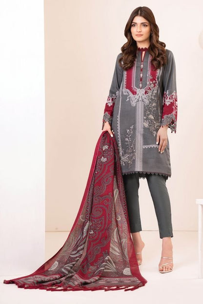 Three Piece Embroidered Twill Suit With Printed Shawl