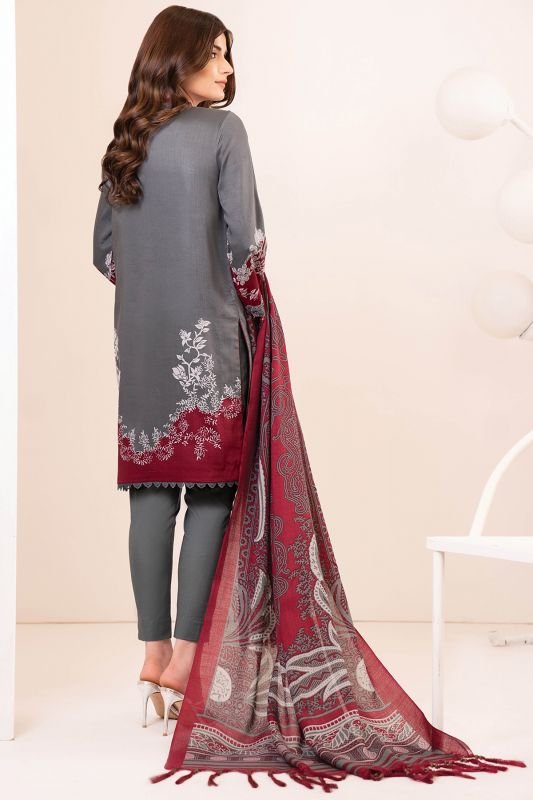 Three Piece Embroidered Twill Suit With Printed Shawl