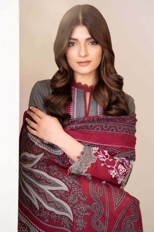 Three Piece Embroidered Twill Suit With Printed Shawl