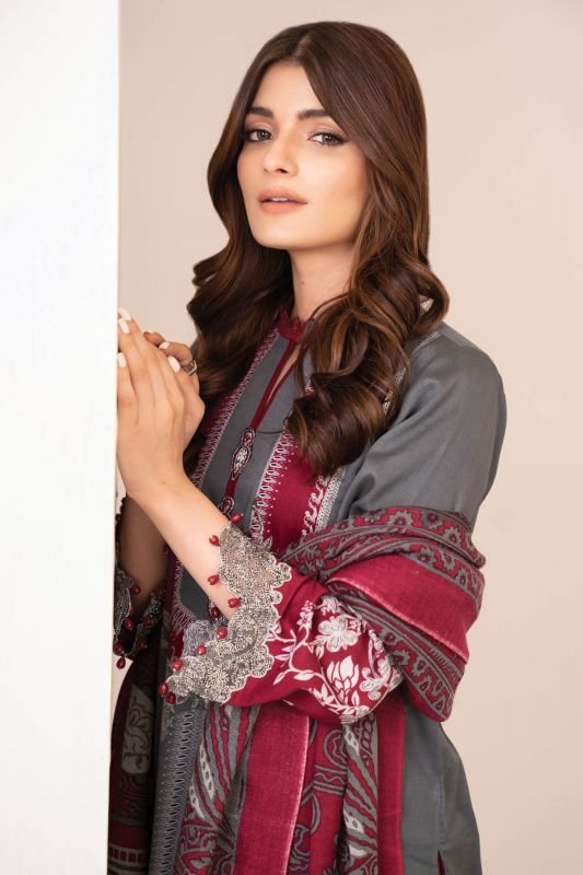 Three Piece Embroidered Twill Suit With Printed Shawl