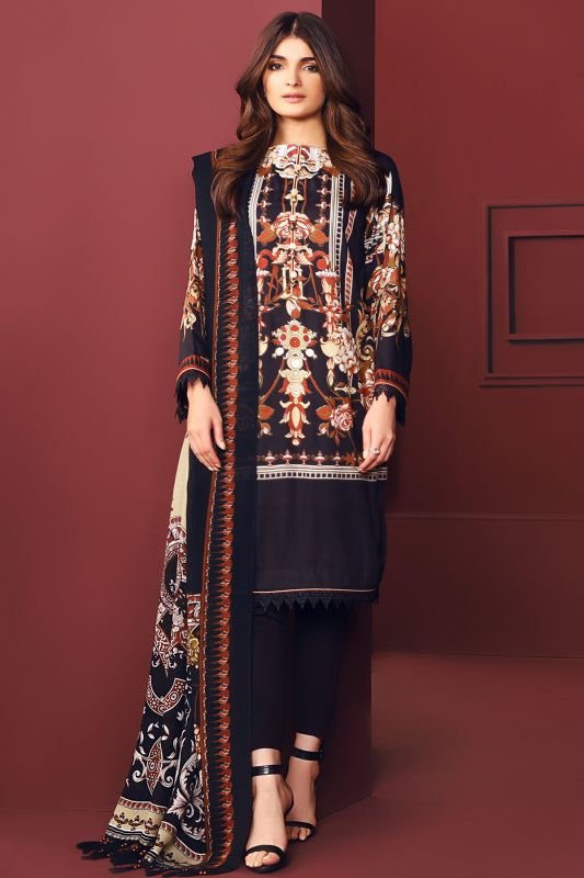 Three Piece Printed Twill Viscose Suit With Printed Shawl