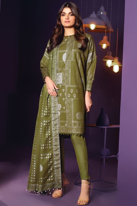 Three Piece Printed Karandi Suit With Printed Karandi Dupatta