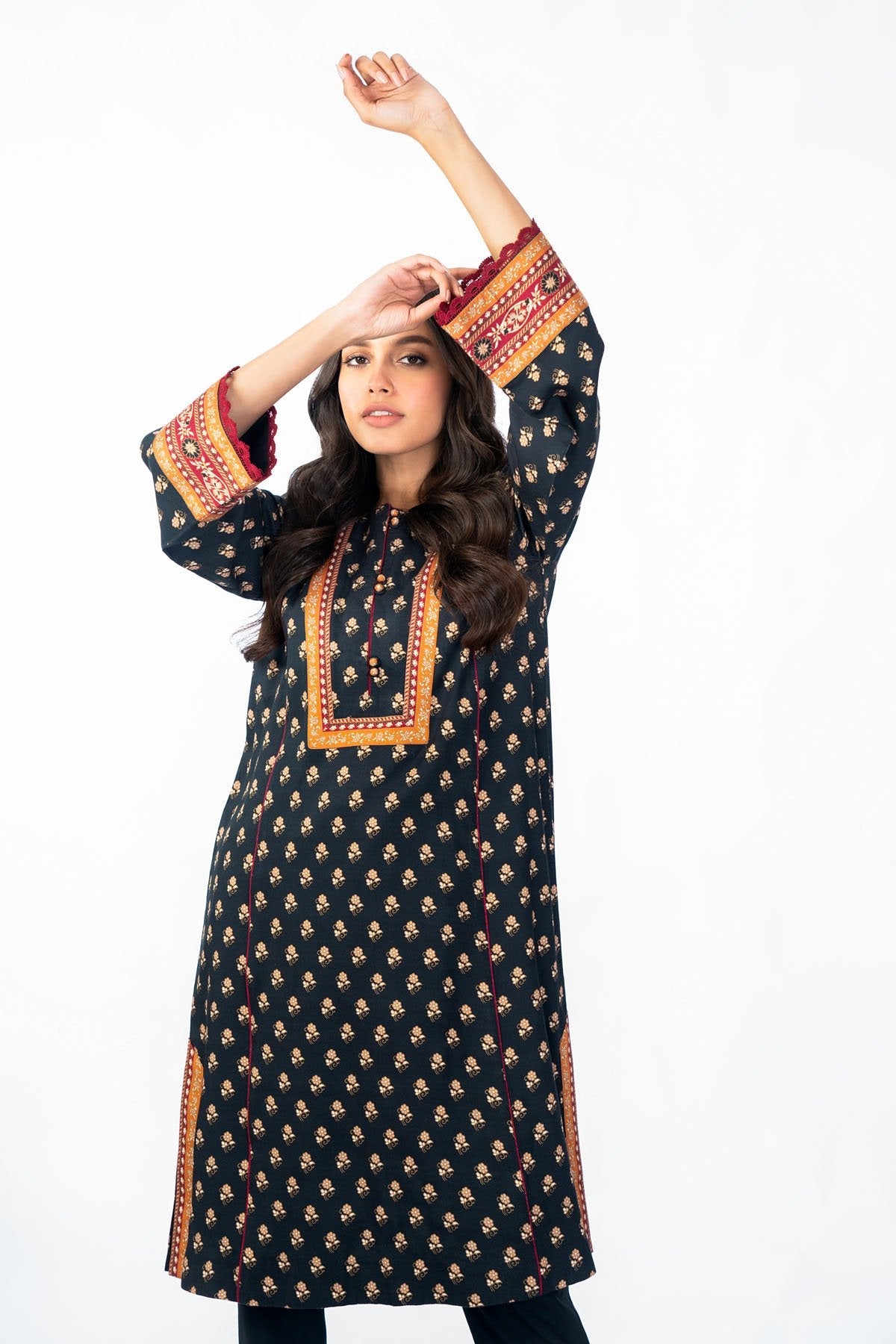 3 Pc Printed Corduroy Suit With Net Dupatta