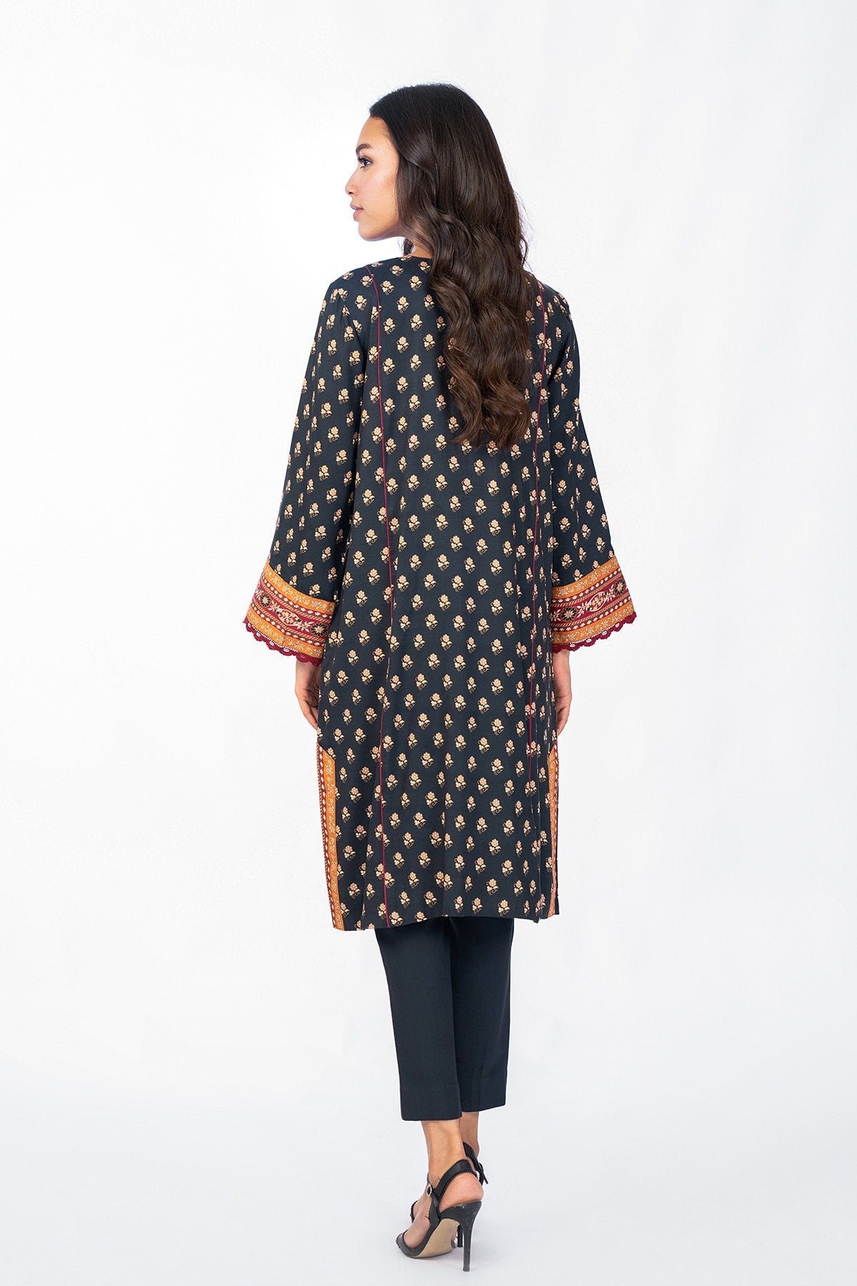 3 Pc Printed Corduroy Suit With Net Dupatta