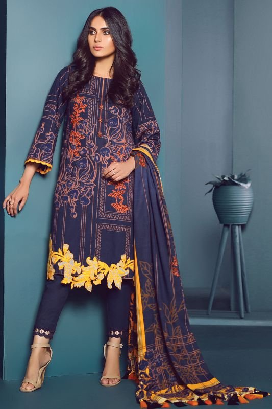 Three Piece Embroidered Khaddar Suit With Printed Khaddar Dupatta