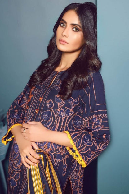 Three Piece Embroidered Khaddar Suit With Printed Khaddar Dupatta