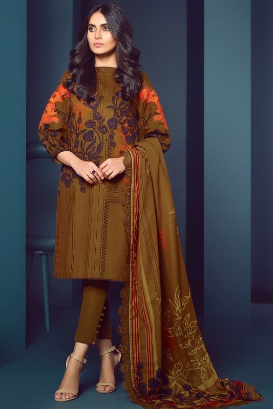 Three Piece Embroidered Khaddar Suit With Printed Khaddar Dupatta