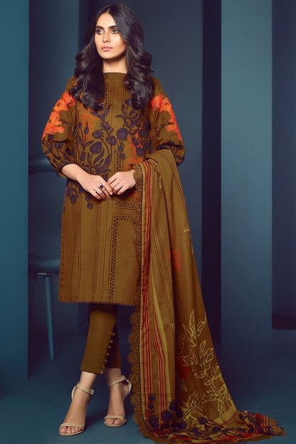 Three Piece Embroidered Khaddar Suit With Printed Khaddar Dupatta