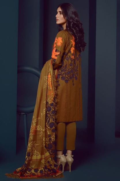 Three Piece Embroidered Khaddar Suit With Printed Khaddar Dupatta