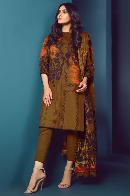 Three Piece Embroidered Khaddar Suit With Printed Khaddar Dupatta