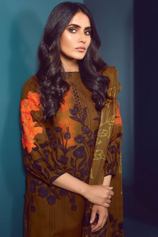 Three Piece Embroidered Khaddar Suit With Printed Khaddar Dupatta