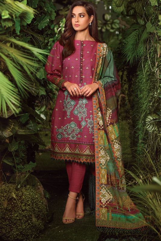 Three Piece Emboidered Khaddar Suit With Printed Khaddar Dupatta