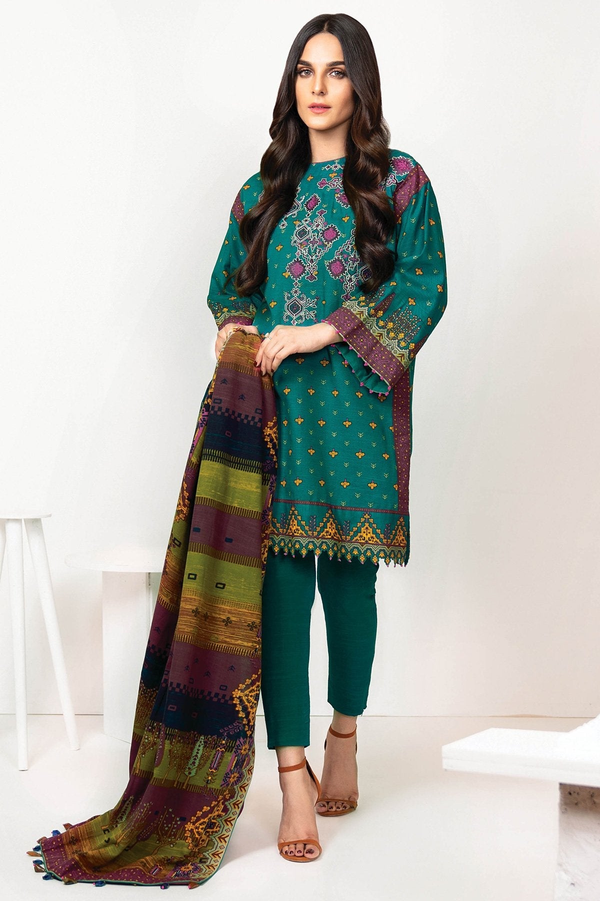 Alkaram - Three Piece Emboidered Khaddar Suit With Printed Khaddar Dupatta