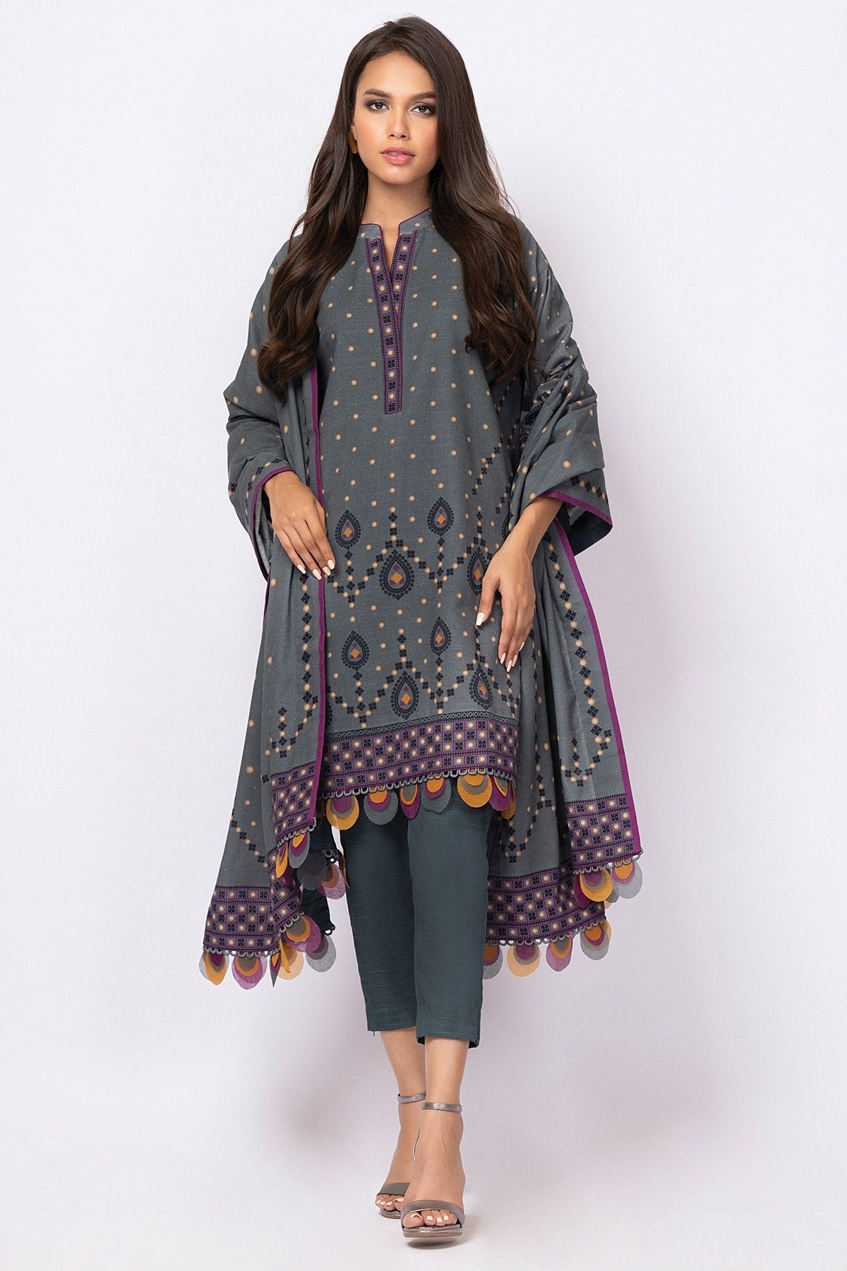 Alkaram - 3 Pc Printed Khaddar Suit With Khaddar Dupatta