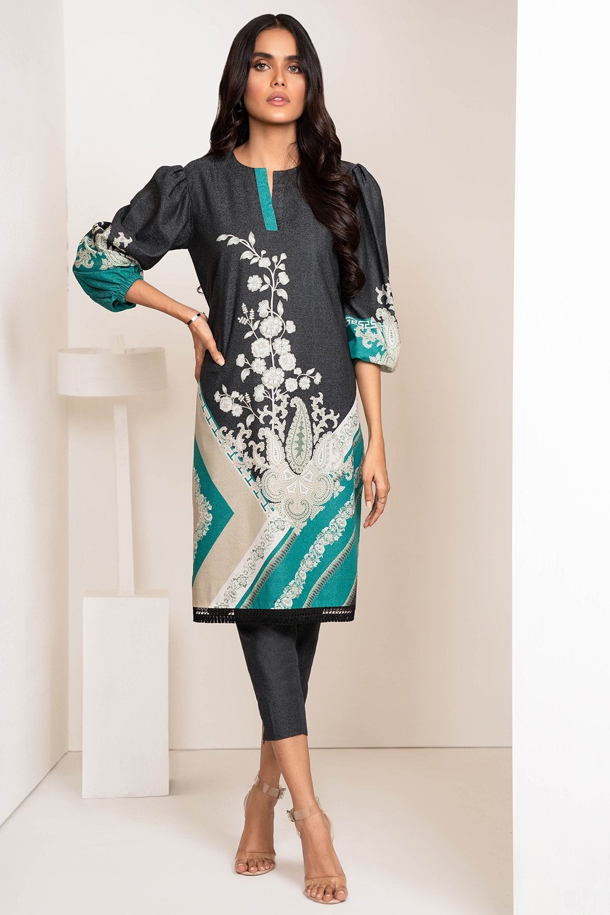 Alkaram - Two Piece Printed Karandi Suit With Dyed Karandi Trousers