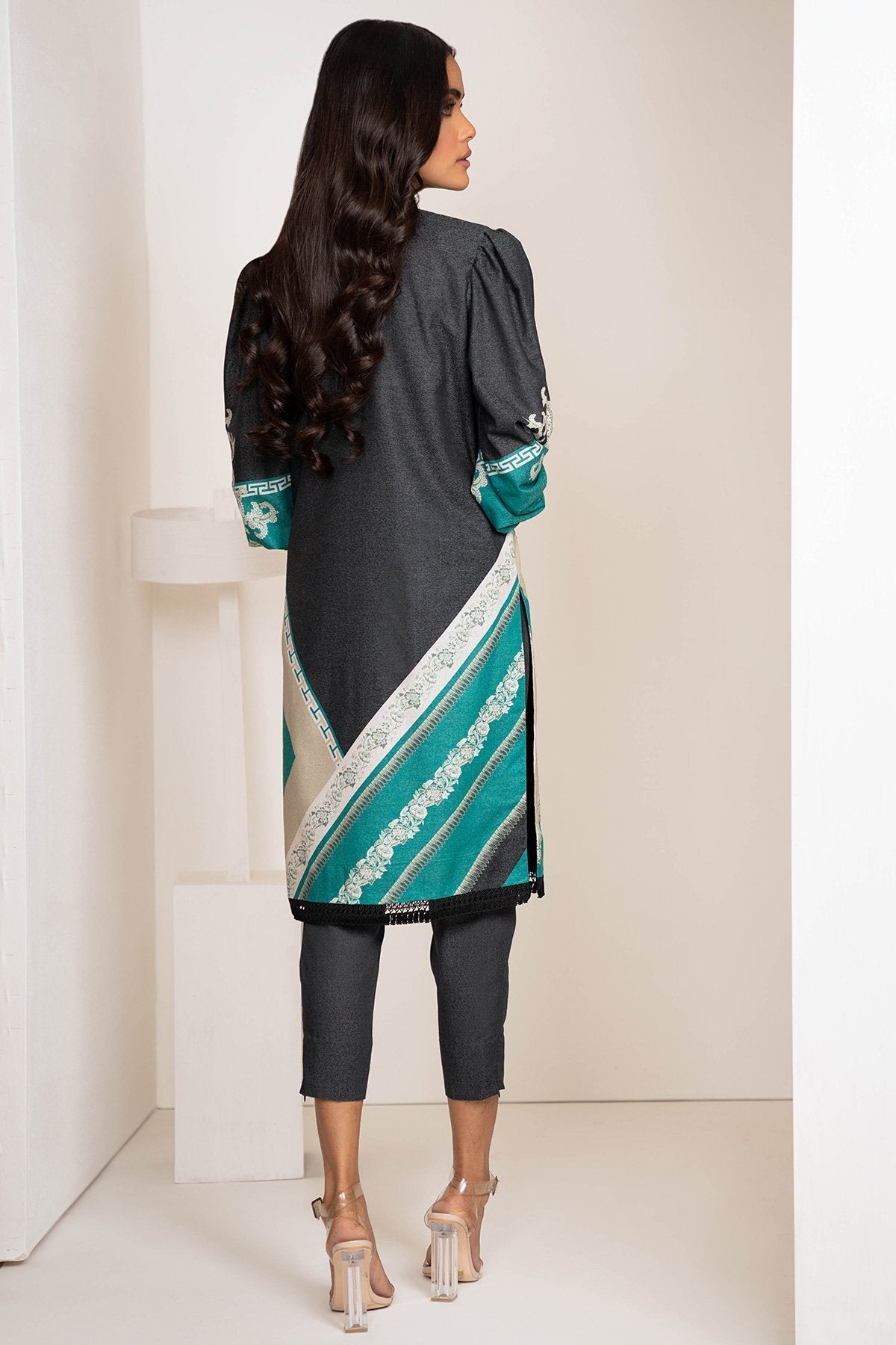Alkaram - Two Piece Printed Karandi Suit With Dyed Karandi Trousers