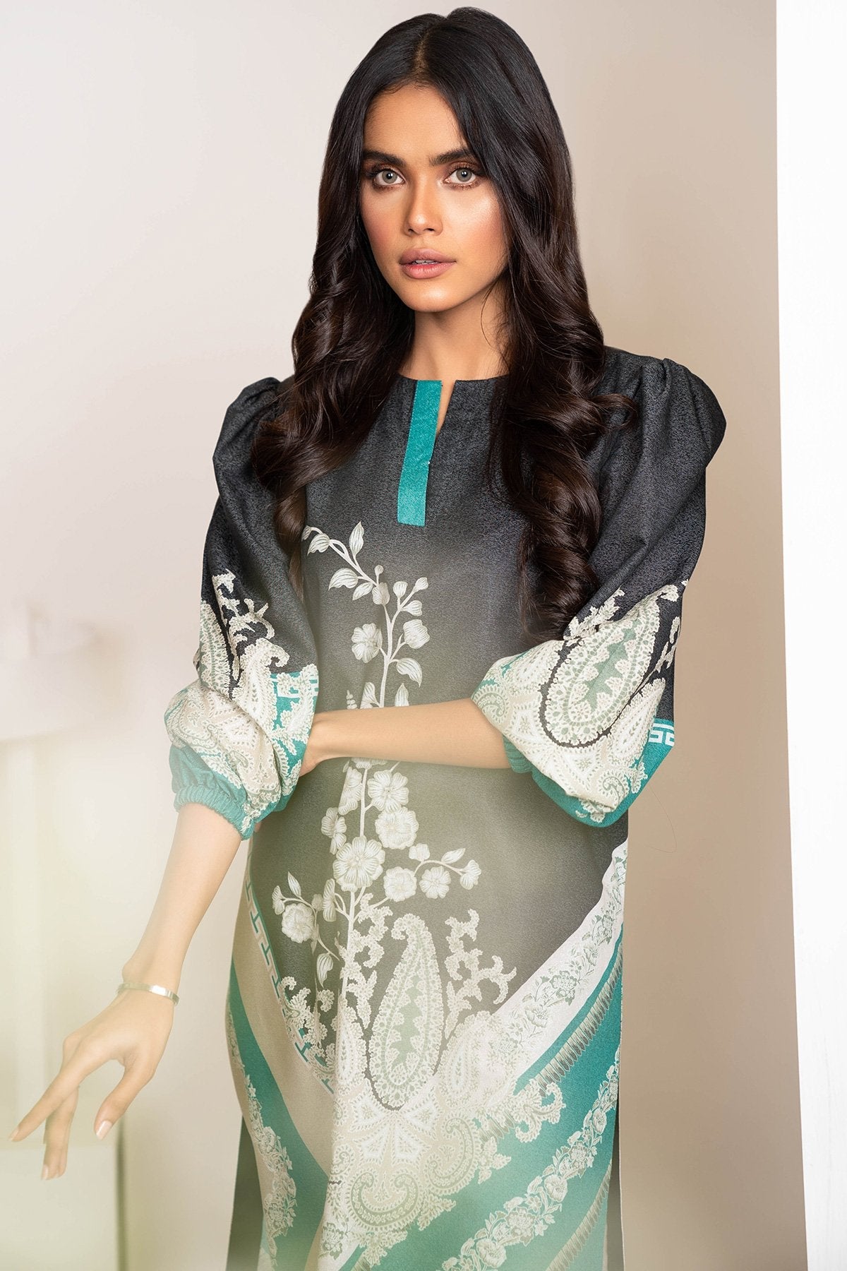 Alkaram - Two Piece Printed Karandi Suit With Dyed Karandi Trousers