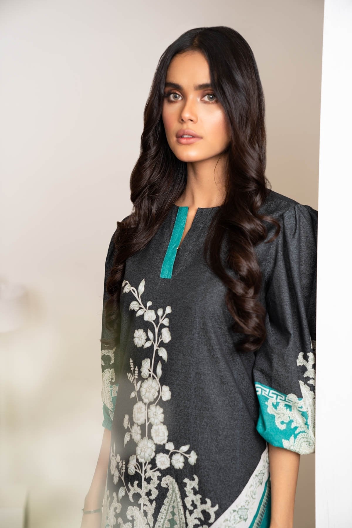 Alkaram - Two Piece Printed Karandi Suit With Dyed Karandi Trousers