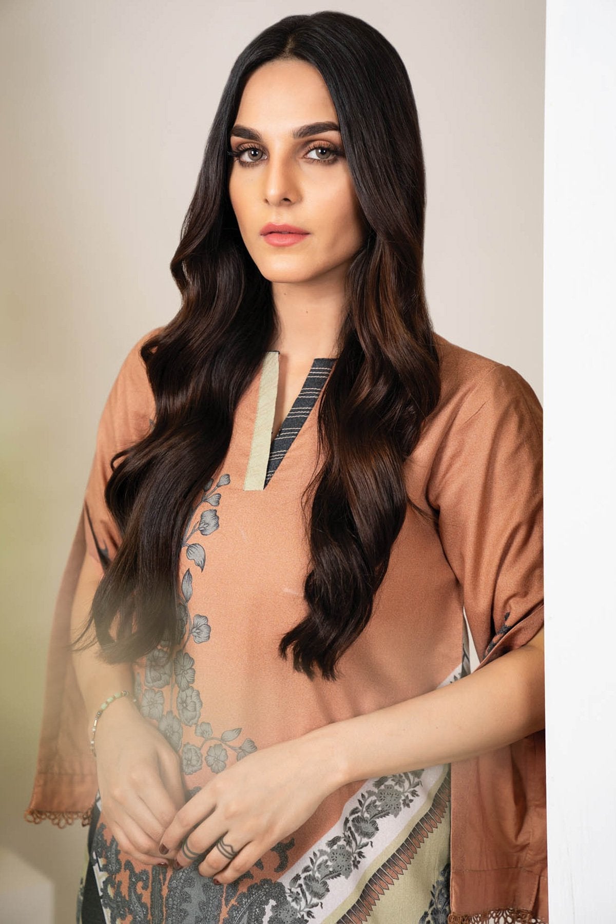 Alkaram - Two Piece Printed Karandi Suit With Dyed Karandi Trousers