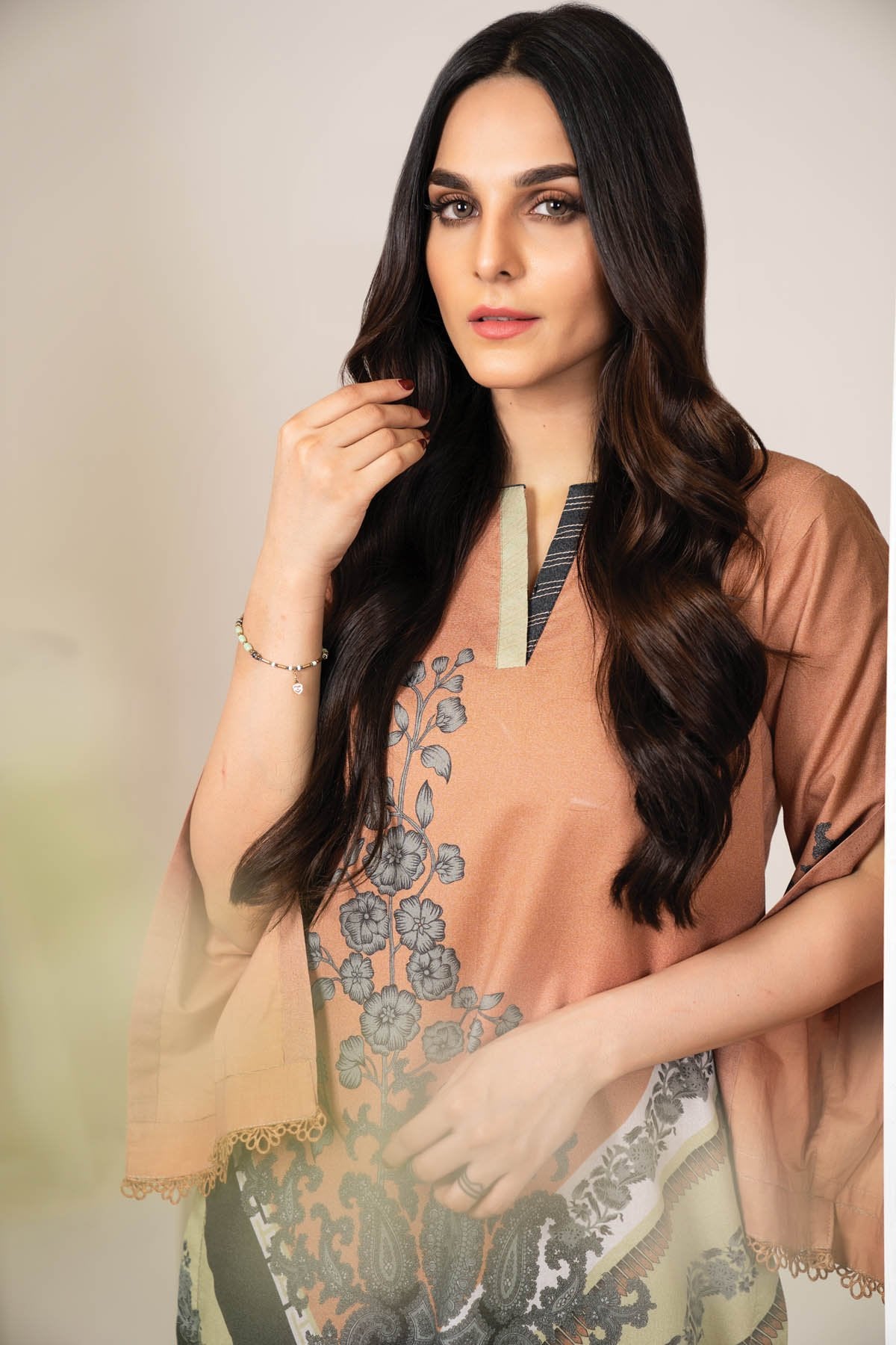 Alkaram - Two Piece Printed Karandi Suit With Dyed Karandi Trousers