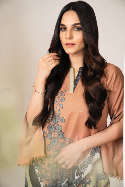 Alkaram - Two Piece Printed Karandi Suit With Dyed Karandi Trousers