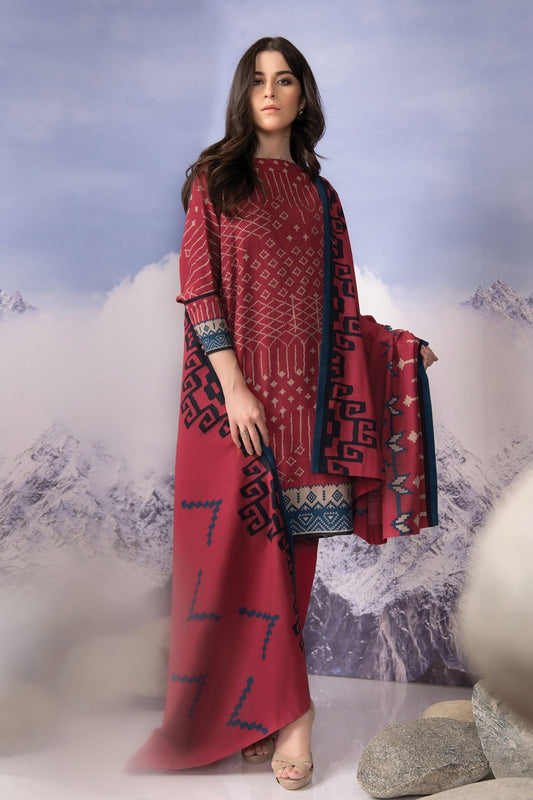 Alkaram - 3 Pc Printed Khaddar Suit With Khaddar Dupatta