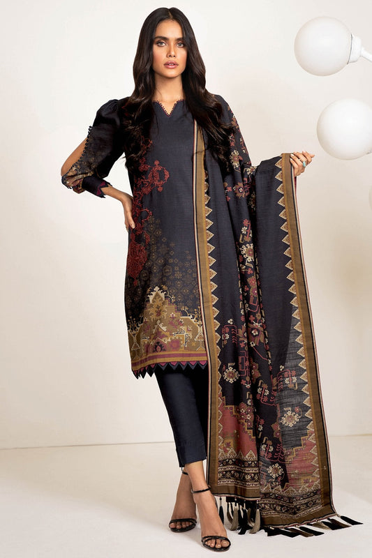 Three Piece Embroidered Khaddar Suit With Printed Khaddar Dupatta