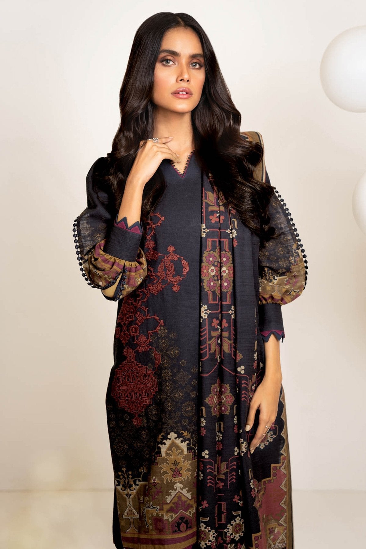 Alkaram - Three Piece Embroidered Khaddar Suit With Printed Khaddar Dupatta