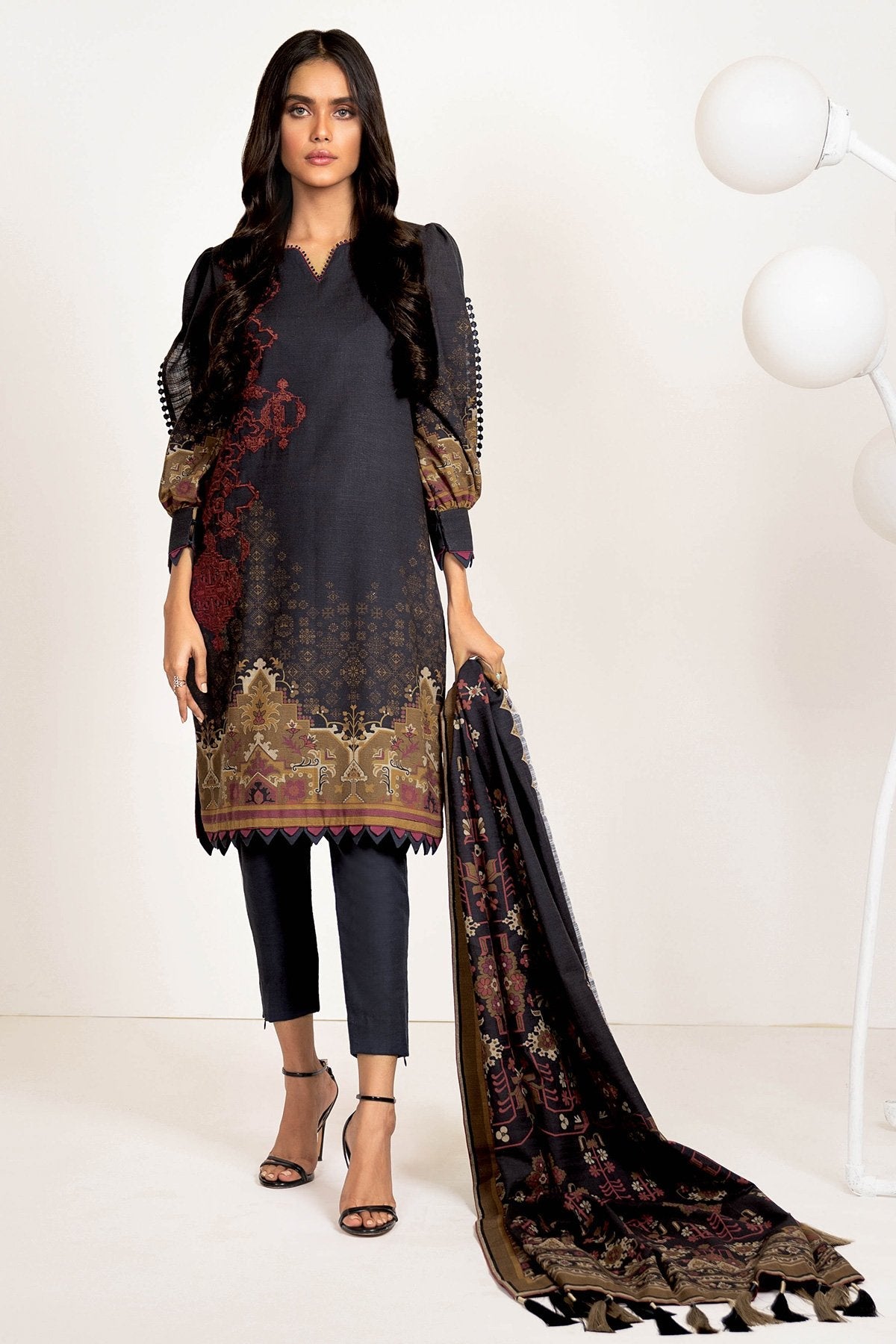 Alkaram - Three Piece Embroidered Khaddar Suit With Printed Khaddar Dupatta