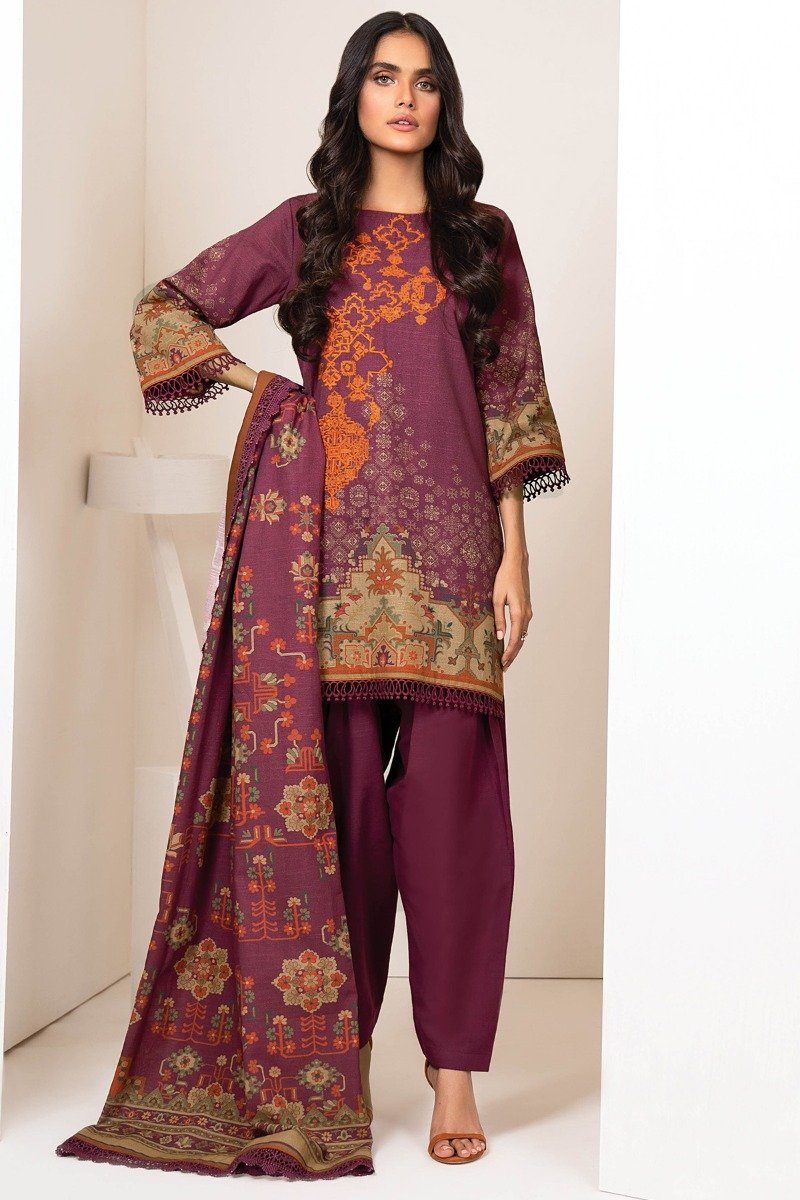 Alkaram - Three Piece Embroidered Khaddar Suit With Printed Khaddar Dupatta