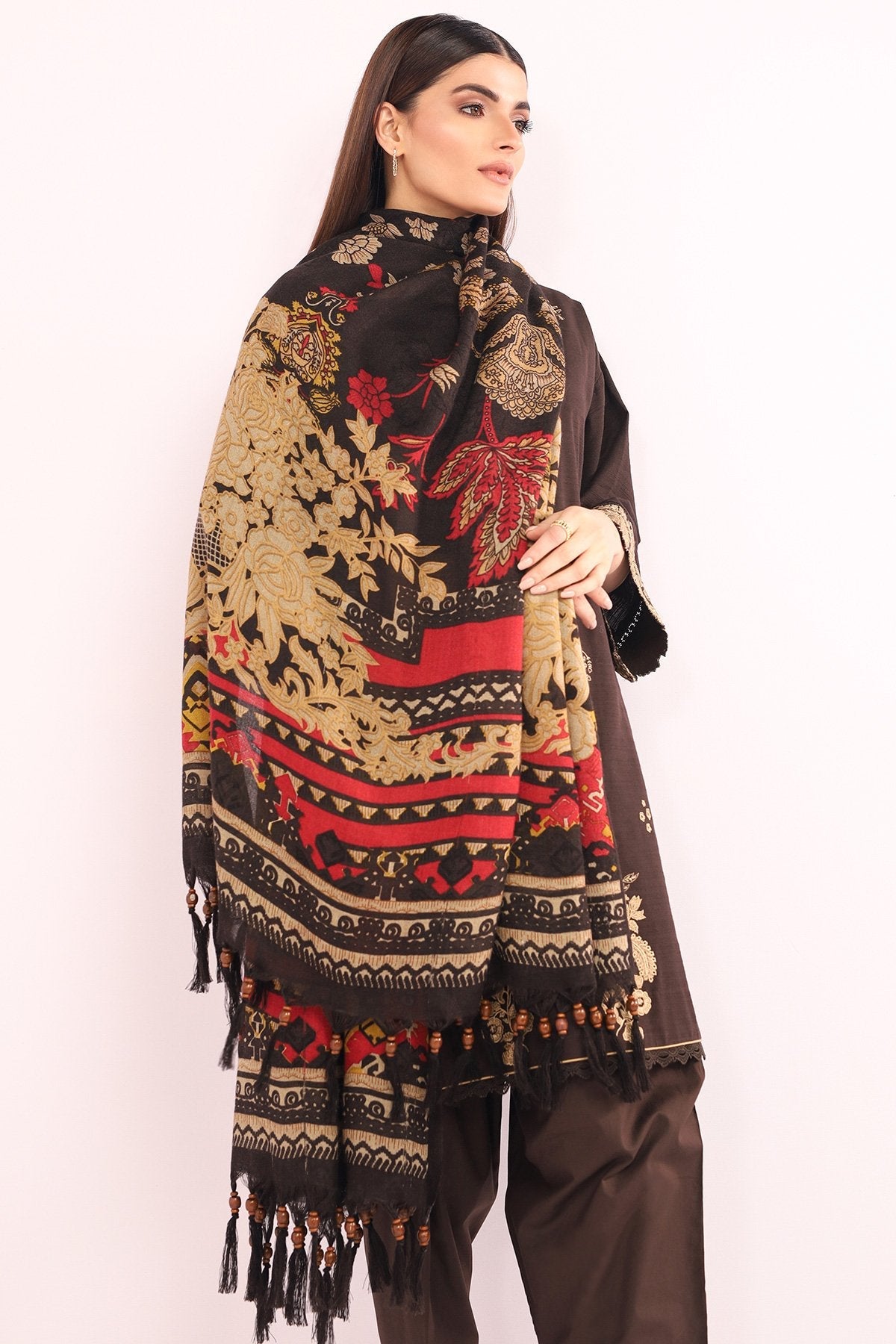 Alkaram - 3 Pc Embroidered Khaddar Suit With Printed Shawl