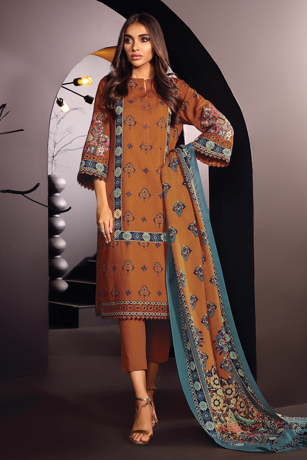 Alkaram - Three Piece Embroidered Khaddar Suit With Printed Shawl