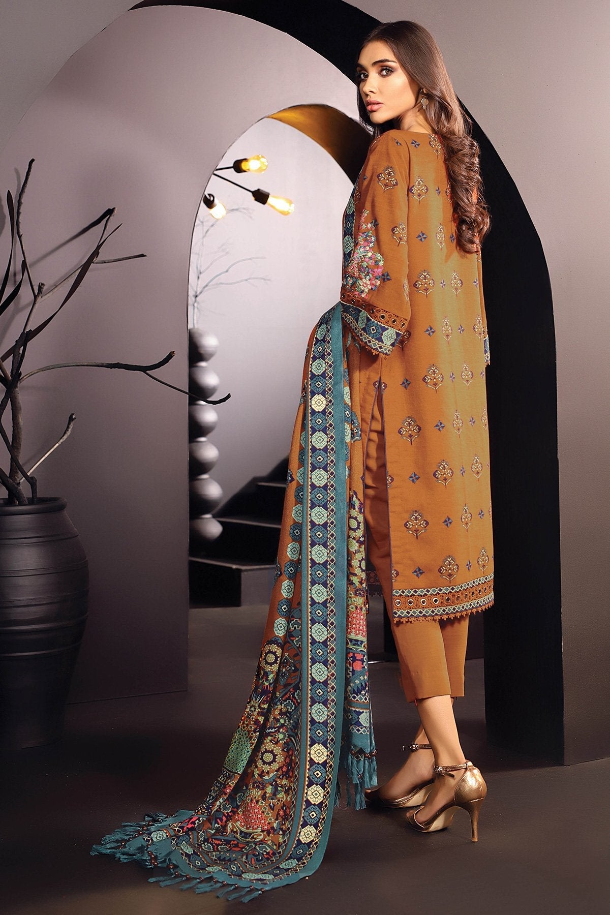 Alkaram - Three Piece Embroidered Khaddar Suit With Printed Shawl