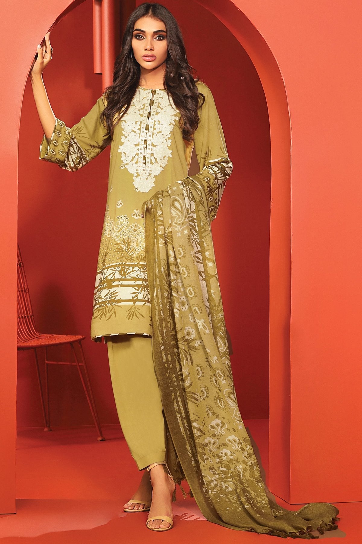 Alkaram - Three Piece Embroidered Twill Suit With Printed Shawl