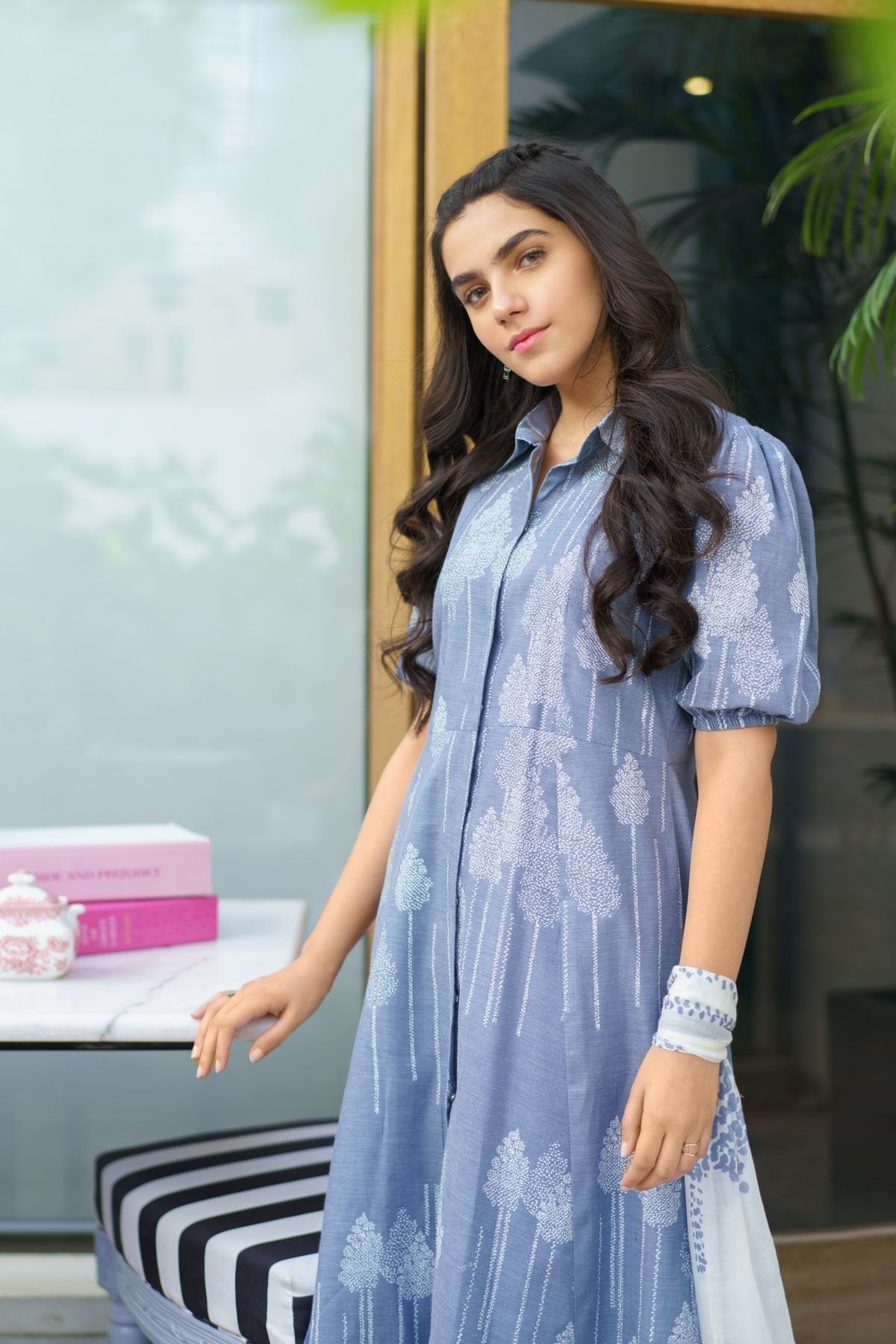 Alkaram - Two Piece Printed Denim Suit With Viscose Stole