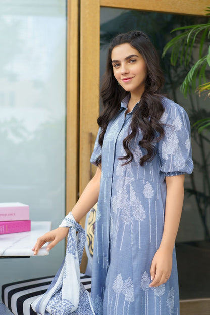 Alkaram - Two Piece Printed Denim Suit With Viscose Stole