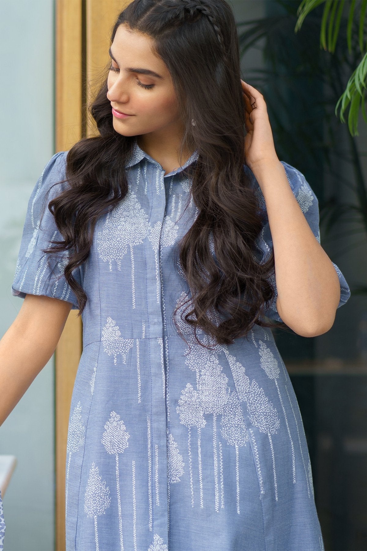 Alkaram - Two Piece Printed Denim Suit With Viscose Stole