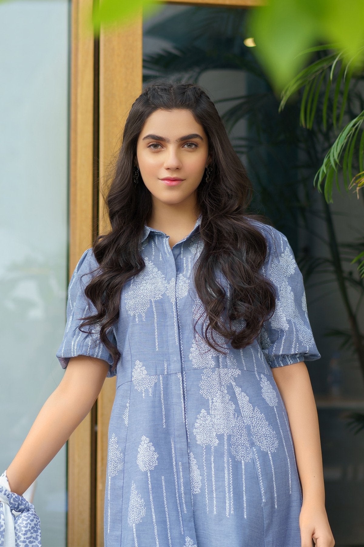 Alkaram - Two Piece Printed Denim Suit With Viscose Stole