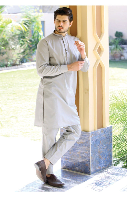 Bareeq Outfits - Embroidered Light-Grey Kurta Pajama