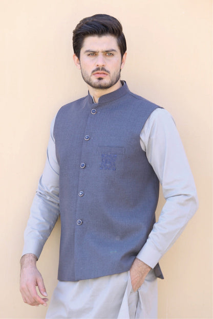 Bareeq Outfits - Embroidered Bluish-Grey Waist Coat
