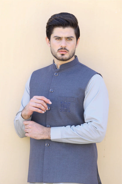 Bareeq Outfits - Embroidered Bluish-Grey Waist Coat