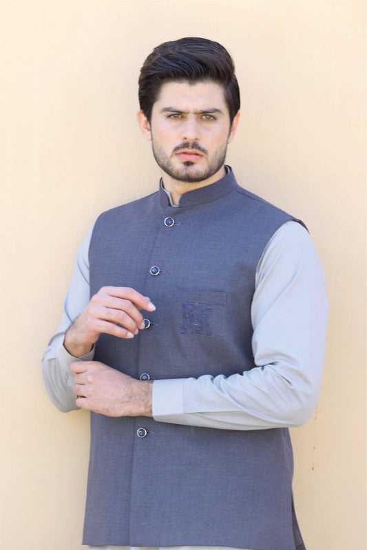 Bareeq Outfits - Embroidered Bluish-Grey Waist Coat
